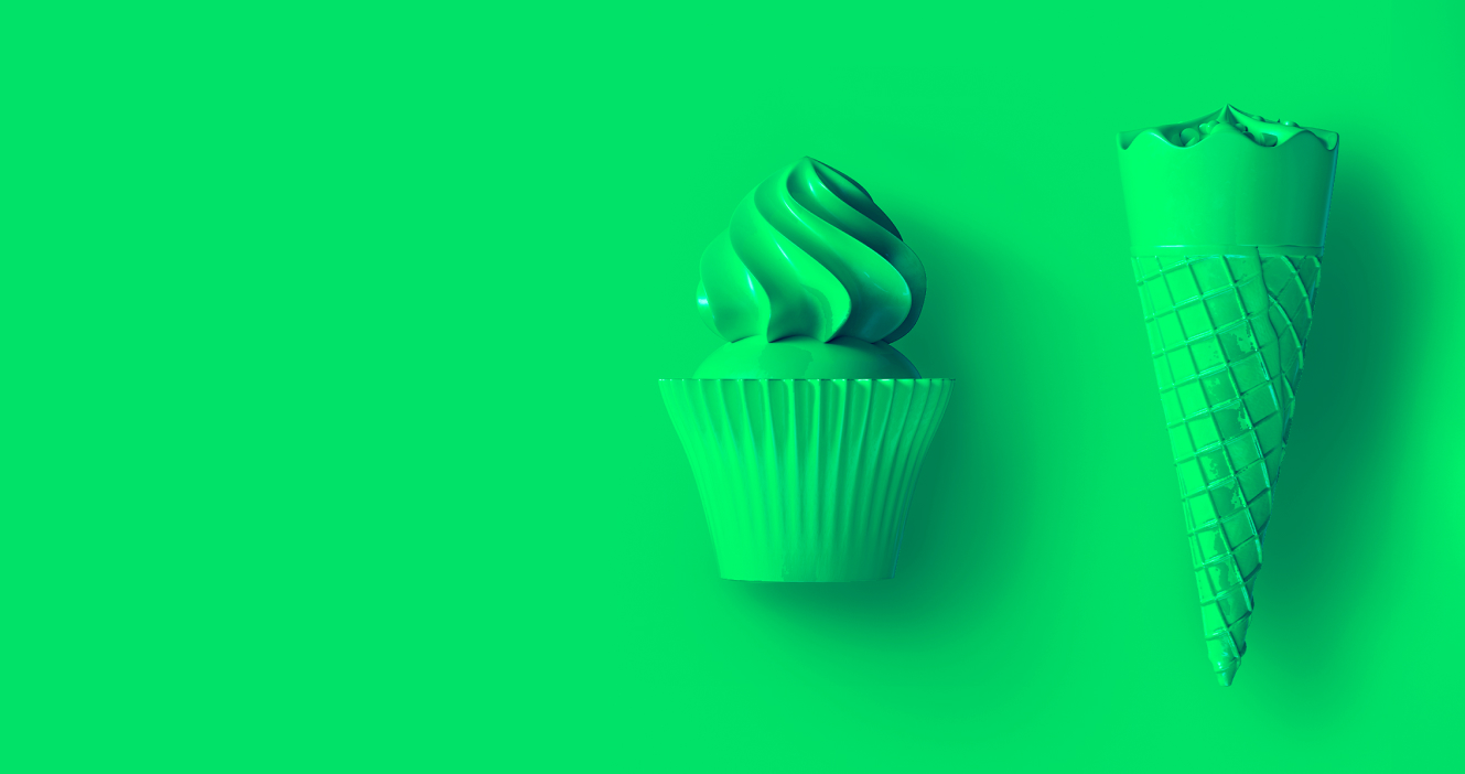 Cupcake and ice cream cone on a green-filtered background