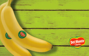 Del Monte bananas on a green wood background