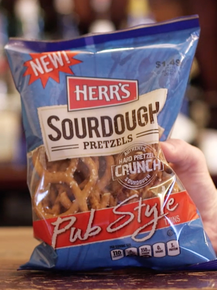 Close-up of a bag of Herr's Sourdough pretzels