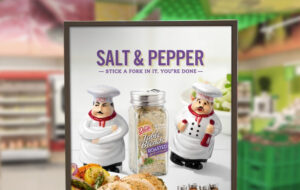 Humanoid salt and pepper shakers with Mrs. Dash seasoning between them