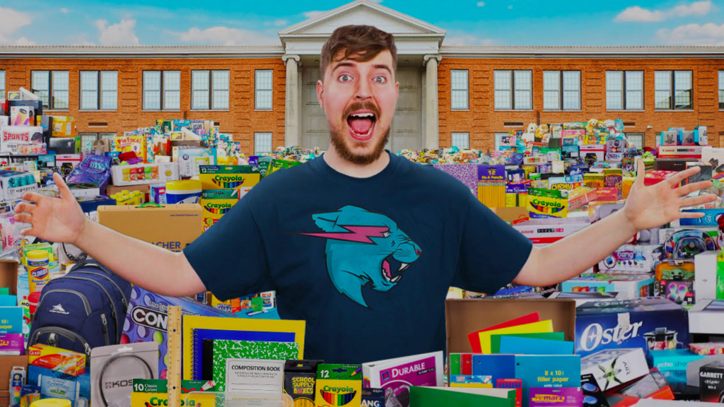YouTuber Mr. Beast surrounded by snacks and school supplies