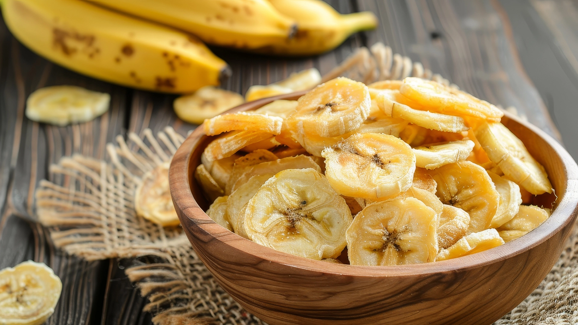 A wooden bowl filled with crispy banana chips on a rustic table, with fresh bananas in the background.