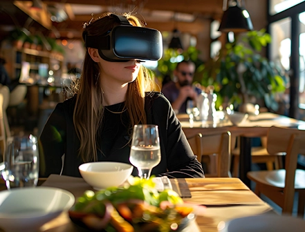 A woman with a VR headset on while at dinner, highlighting the experiential aspect of dining.