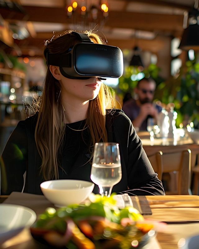 A woman with a VR headset on while at dinner, highlighting the experiential aspect of dining.