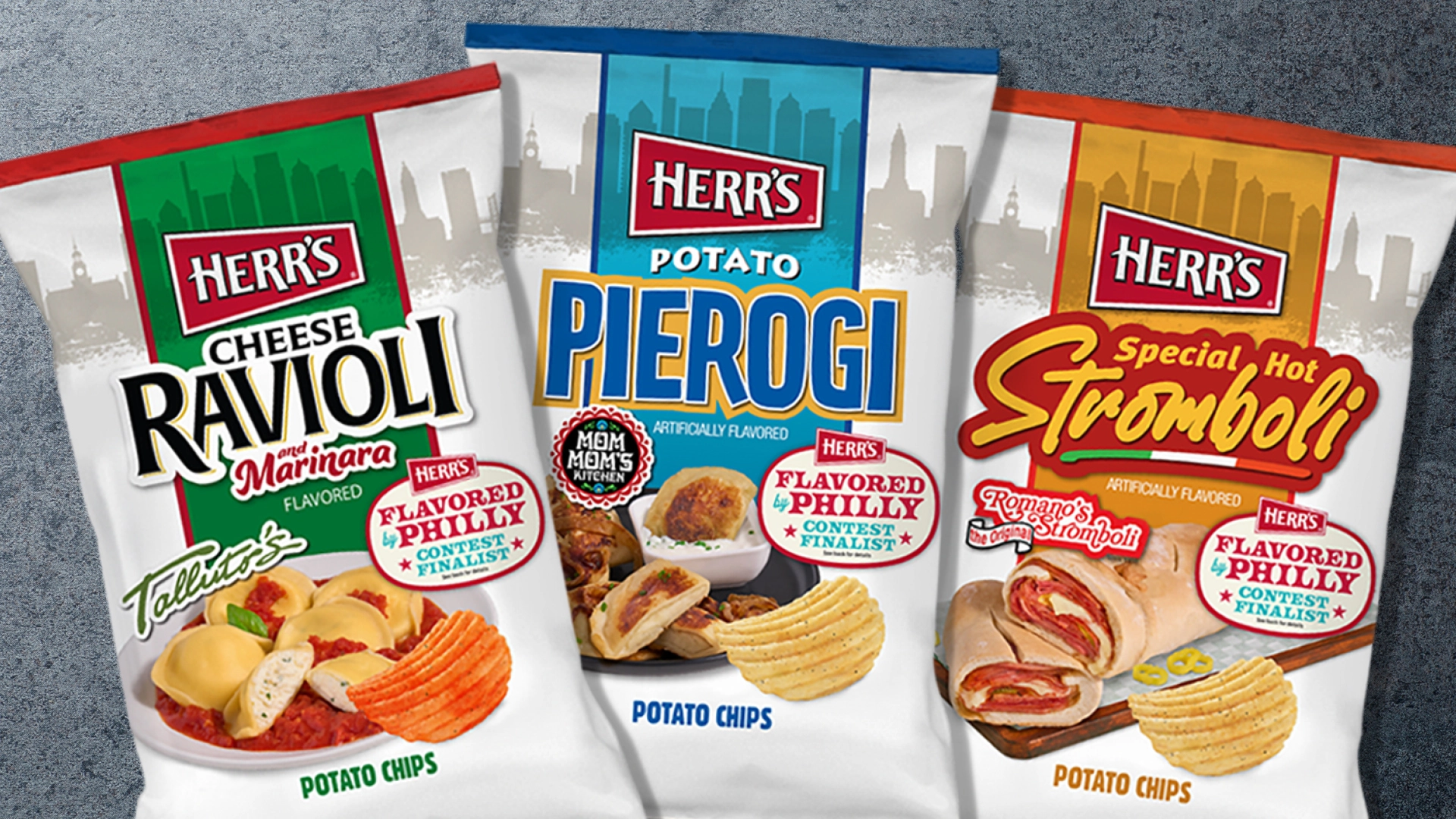 One bag of Talluto's Cheese Ravioli and Marinara Herr's chips, one bag of Mom Mom's Kitchen's Potato Pierogi Herr's chips, and one bag of Romano's the Original Stromboli's Special Hot Stromboli Herr's chips are real-life examples of branded fusions.