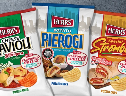 One bag of Talluto's Cheese Ravioli and Marinara Herr's chips, one bag of Mom Mom's Kitchen's Potato Pierogi Herr's chips, and one bag of Romano's the Original Stromboli's Special Hot Stromboli Herr's chips are real-life examples of branded fusions.