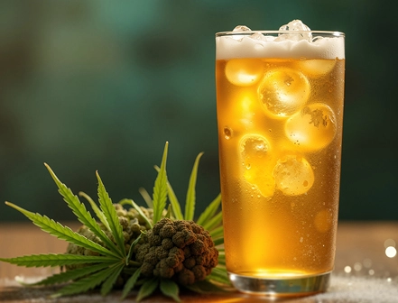An ice-chilled glass of a non-alcoholic beverage that is hemp-infused, highlighting Mindful Mixology.