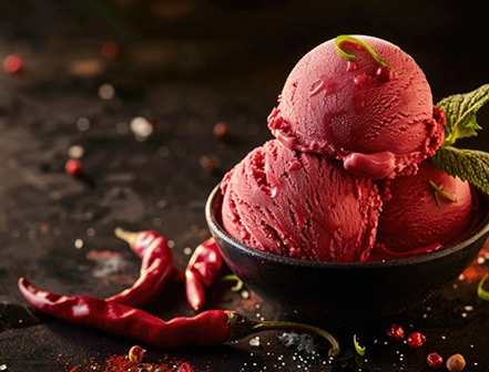 A bowl of red ice cream/sorbet with small red berries and chili peppers surrounding it, highlighting swicy flavors.