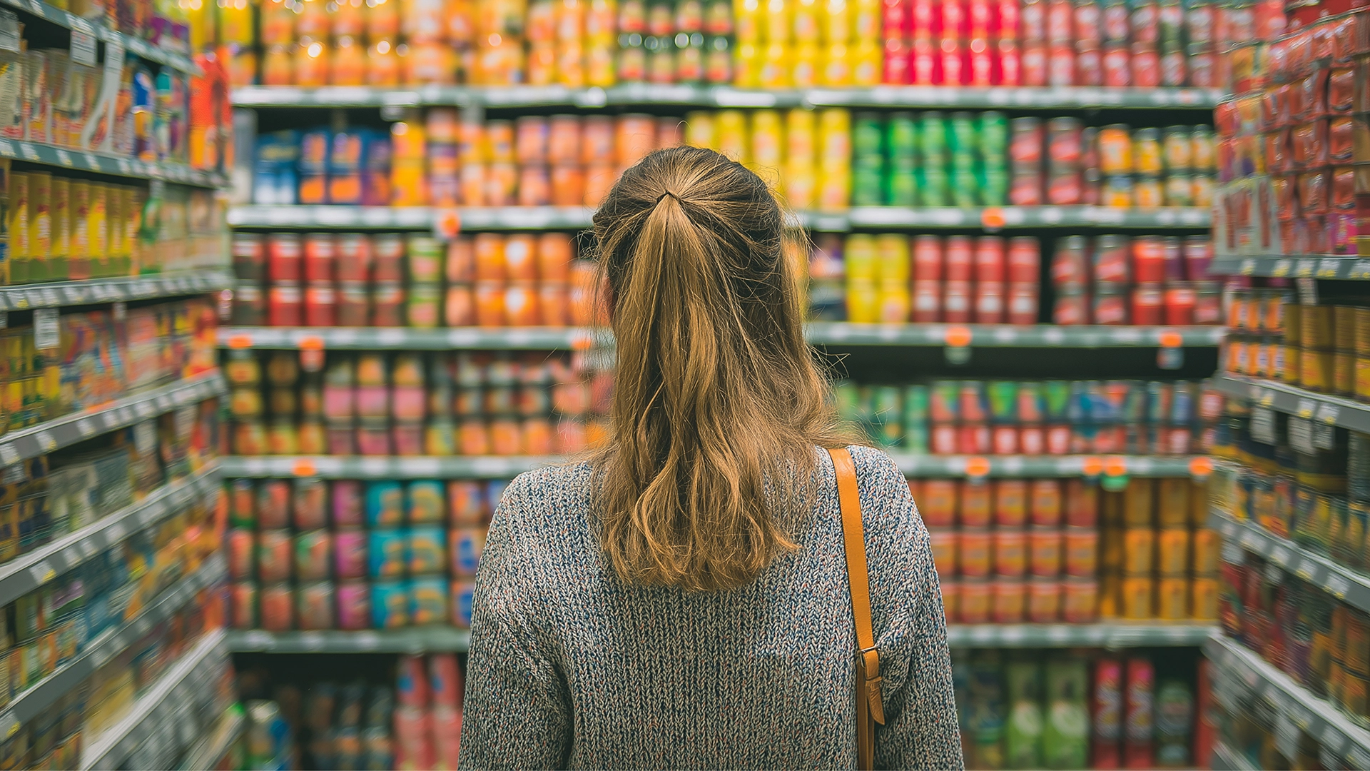 A woman looking at huge wall of products on shelves, which consumers are confronted with when in-stores, highlighting the importance of packaging to catch consumers' attention.